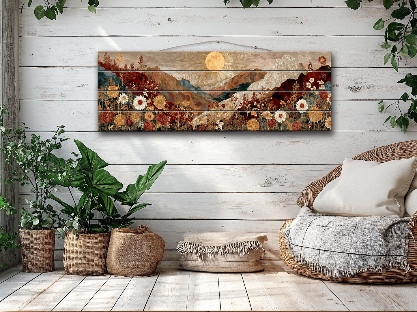 Wildflower Wood Art – Rustic Wall Decor | Botanical Landscape Print on Wood