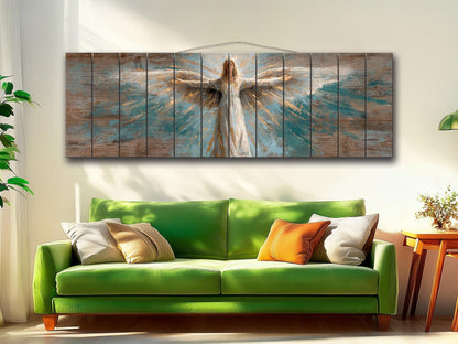 Angel Wood Wall Art – Rustic Christian Art | Handcrafted Wooden Angel Decor Print on Wood