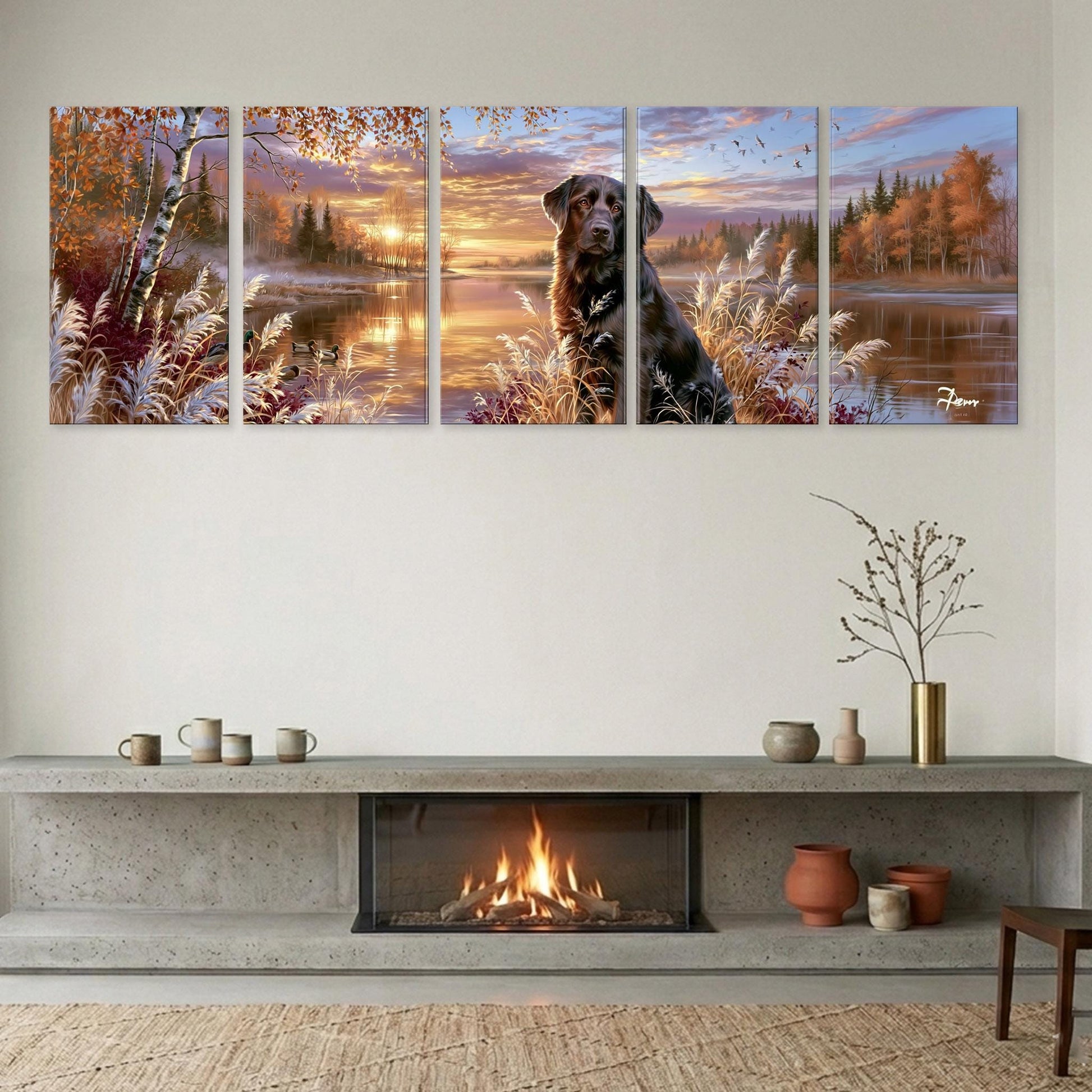 A cozy living room with a fireplace, a wooden shelf, and a dog sitting in the grass. The fireplace has a fire burning, creating a warm and inviting atmosphere.