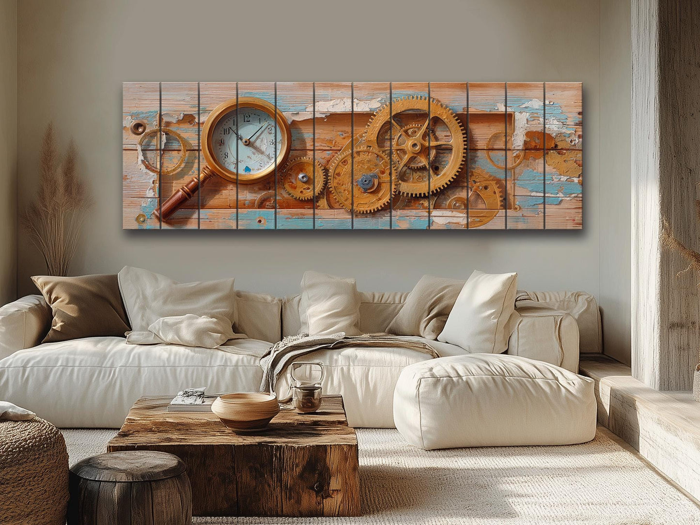 Rustic Steampunk Wall Art – Clockmaker Wood Print With Gears & Magnifier on Wood