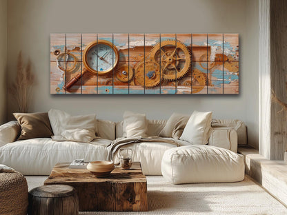 Rustic Steampunk Wall Art – Clockmaker Wood Print With Gears & Magnifier on Wood