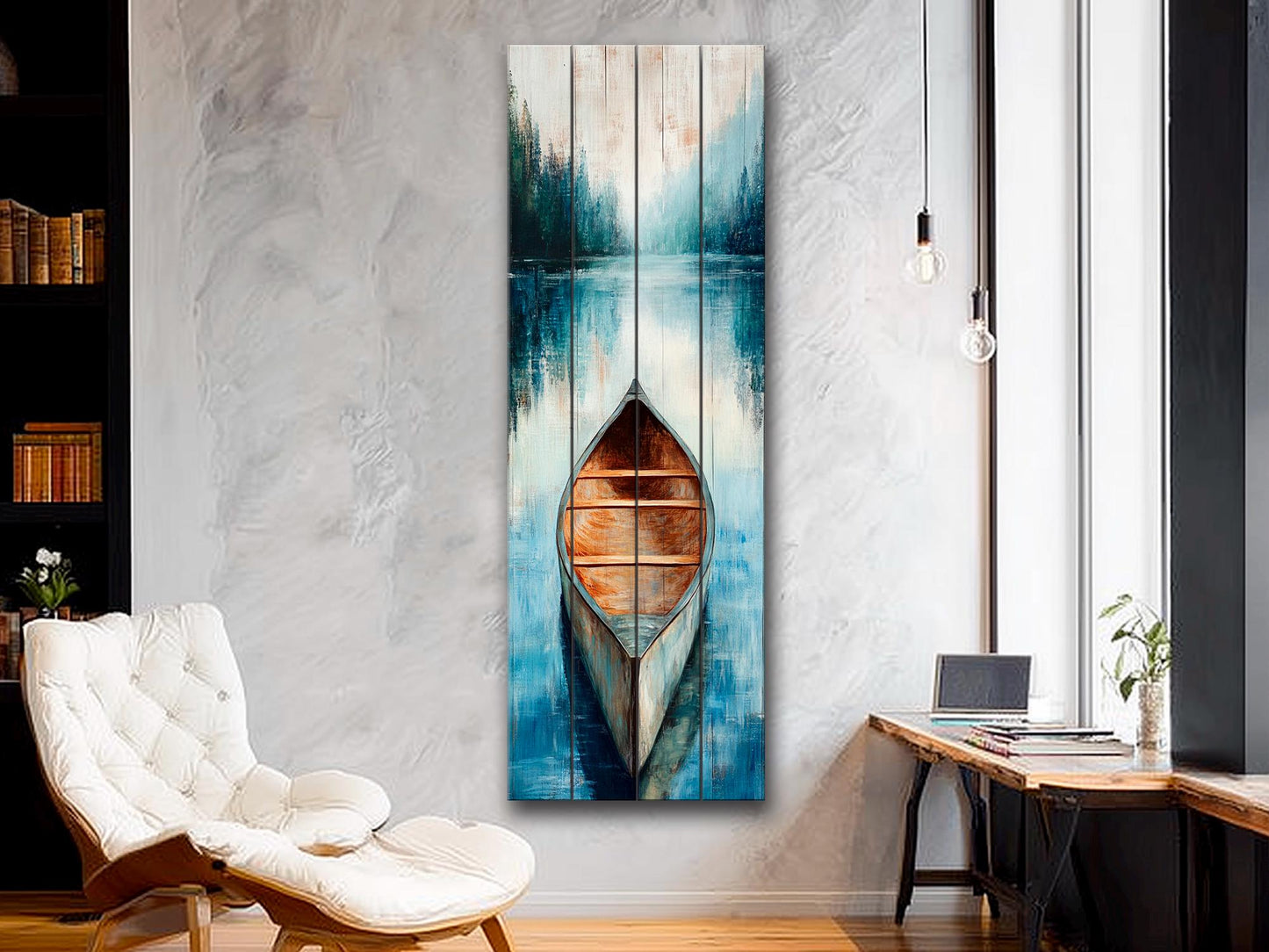 Wood Wall Art – Canoe Lake Painting on Rustic Natural Wood Plank – Nautical Scene Print