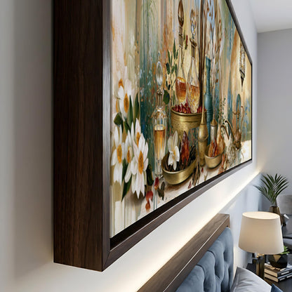 a large, framed painting depicting a still life arrangement with various objects, including flowers, vases, and other decorative items.