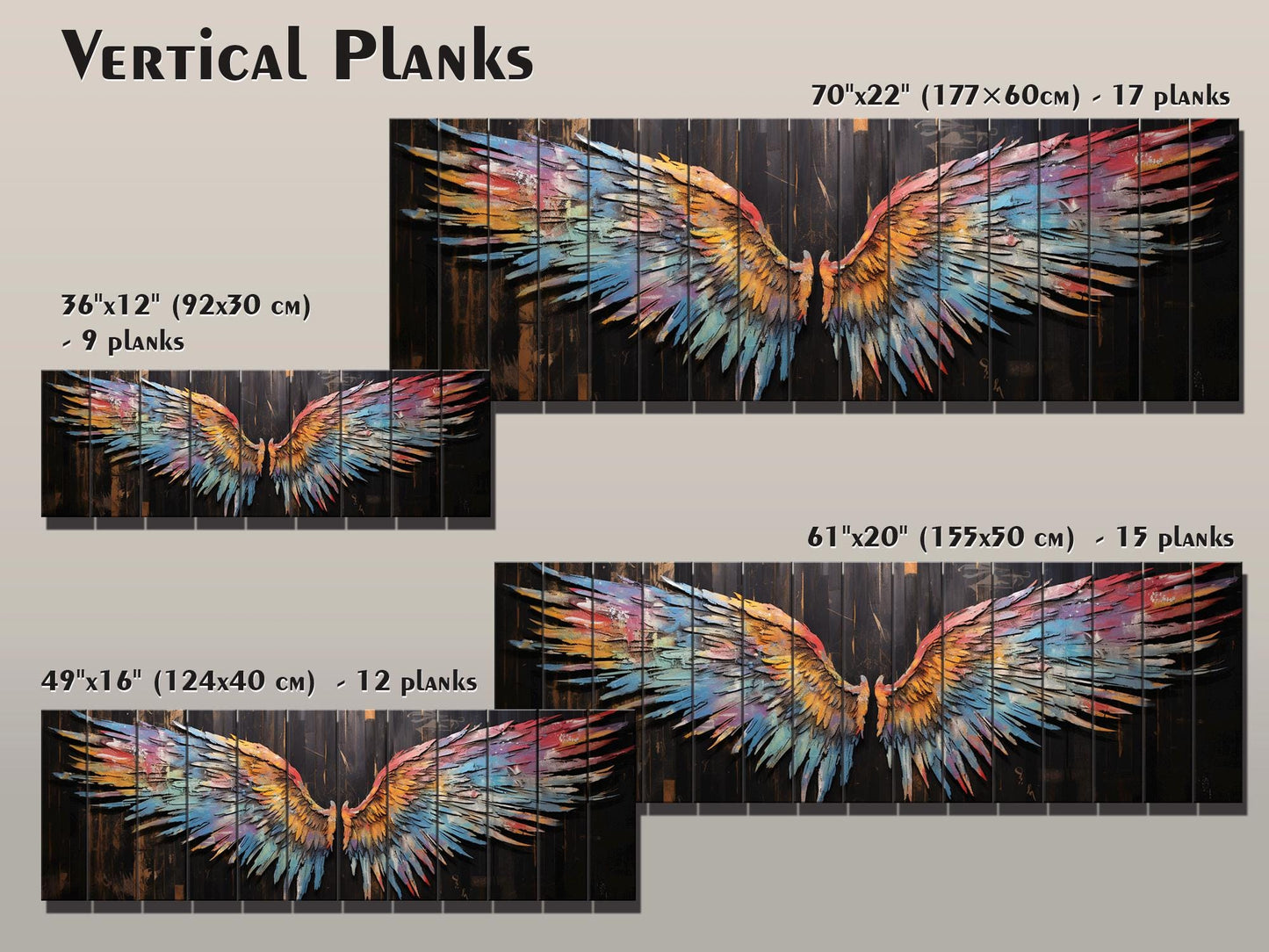 Wings Print Wood - Colorful Abstract Wings on Natural Wood | Rustic Wall Art