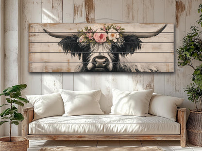 Rustic Wood Wall Art - Highland Cow Painting | Handcrafted Wood Plank Art