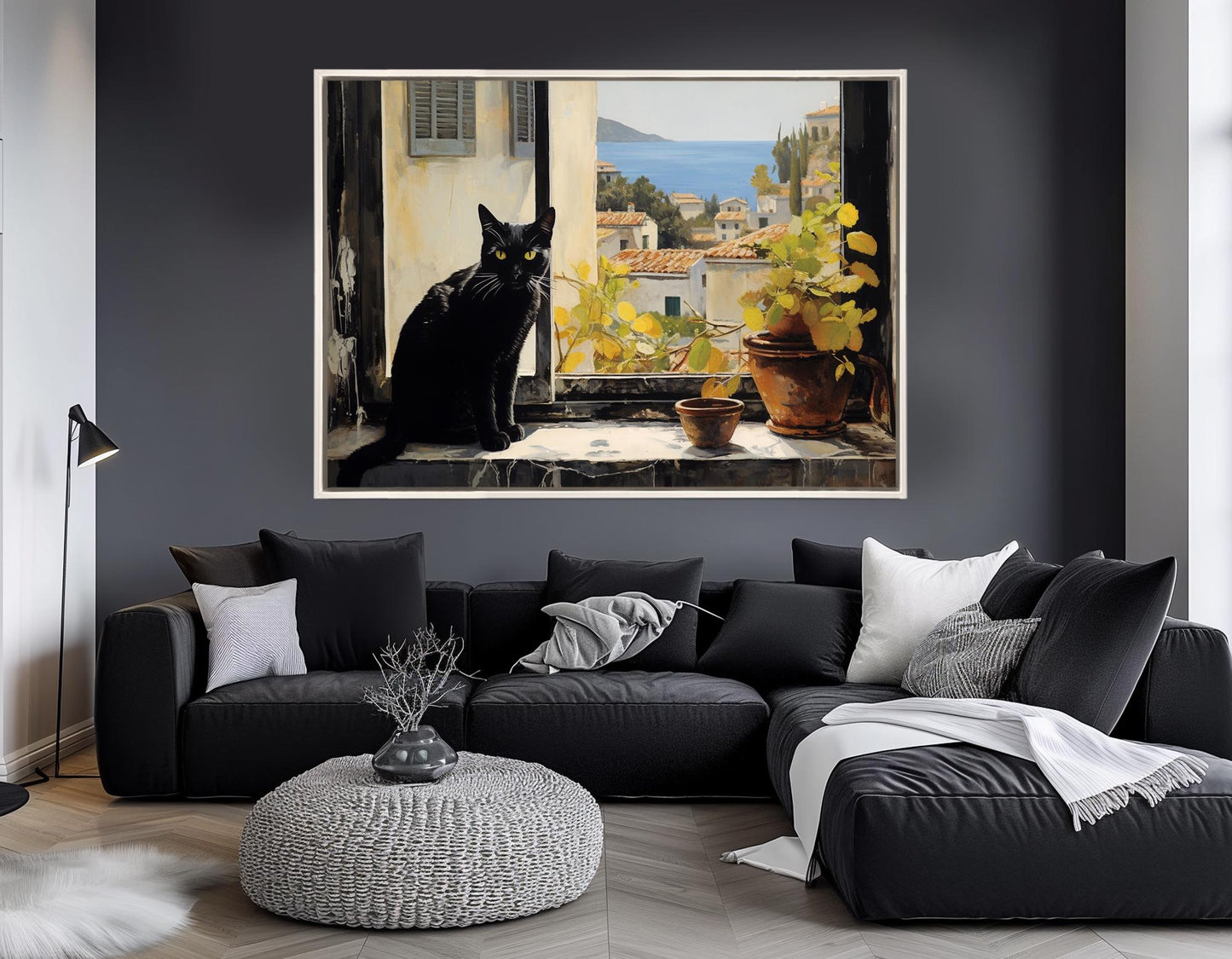 Mediterranean Canvas Print – Black Cat Window View | Italian Cat Painting, Framed Art