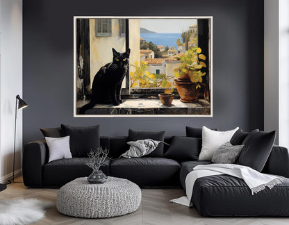Mediterranean Canvas Print – Black Cat Window View | Italian Cat Painting, Framed Art