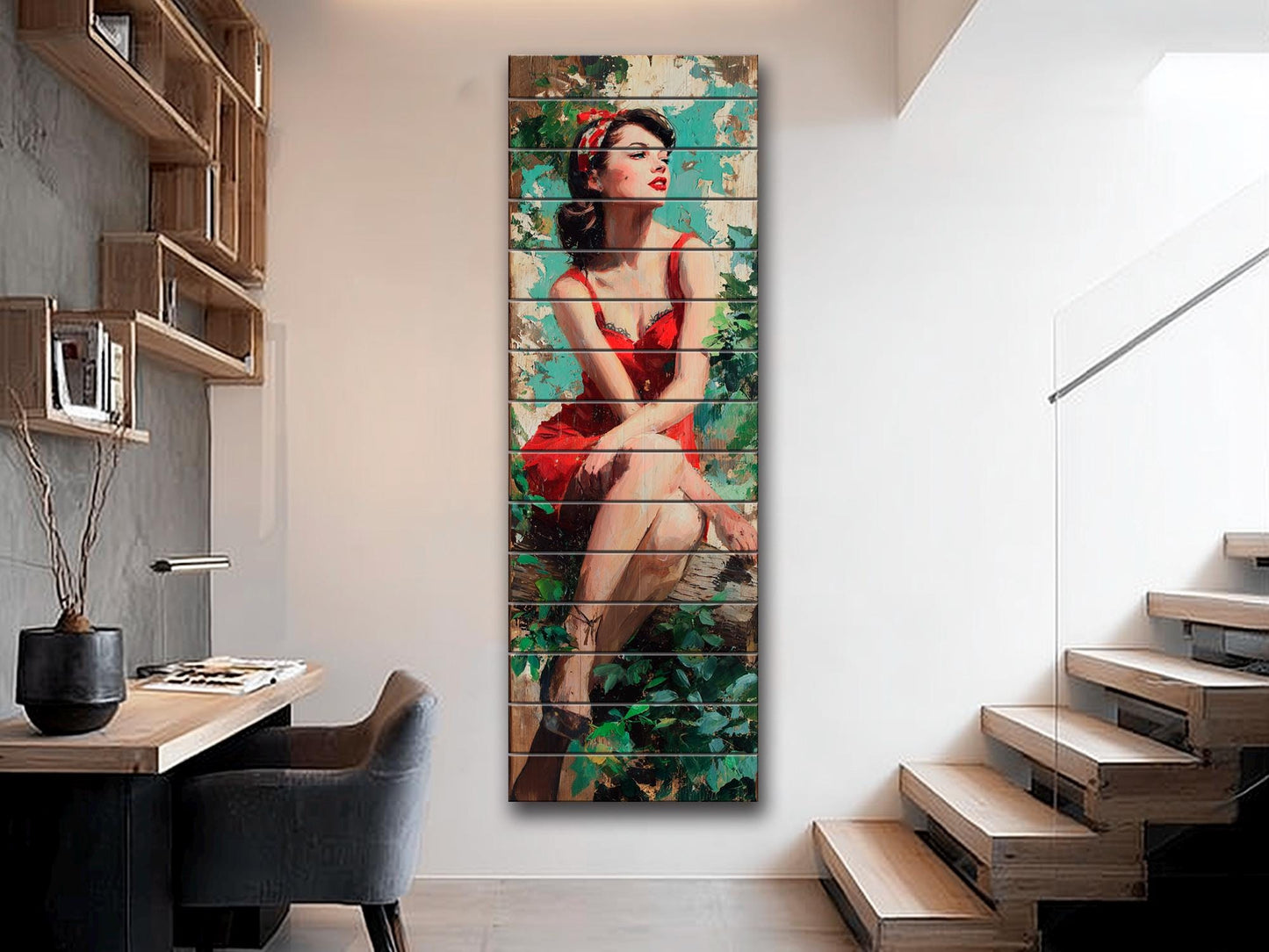Pin Up Wood Print - Vintage Wall Art on Rustic Wood Plank with Forest Scene