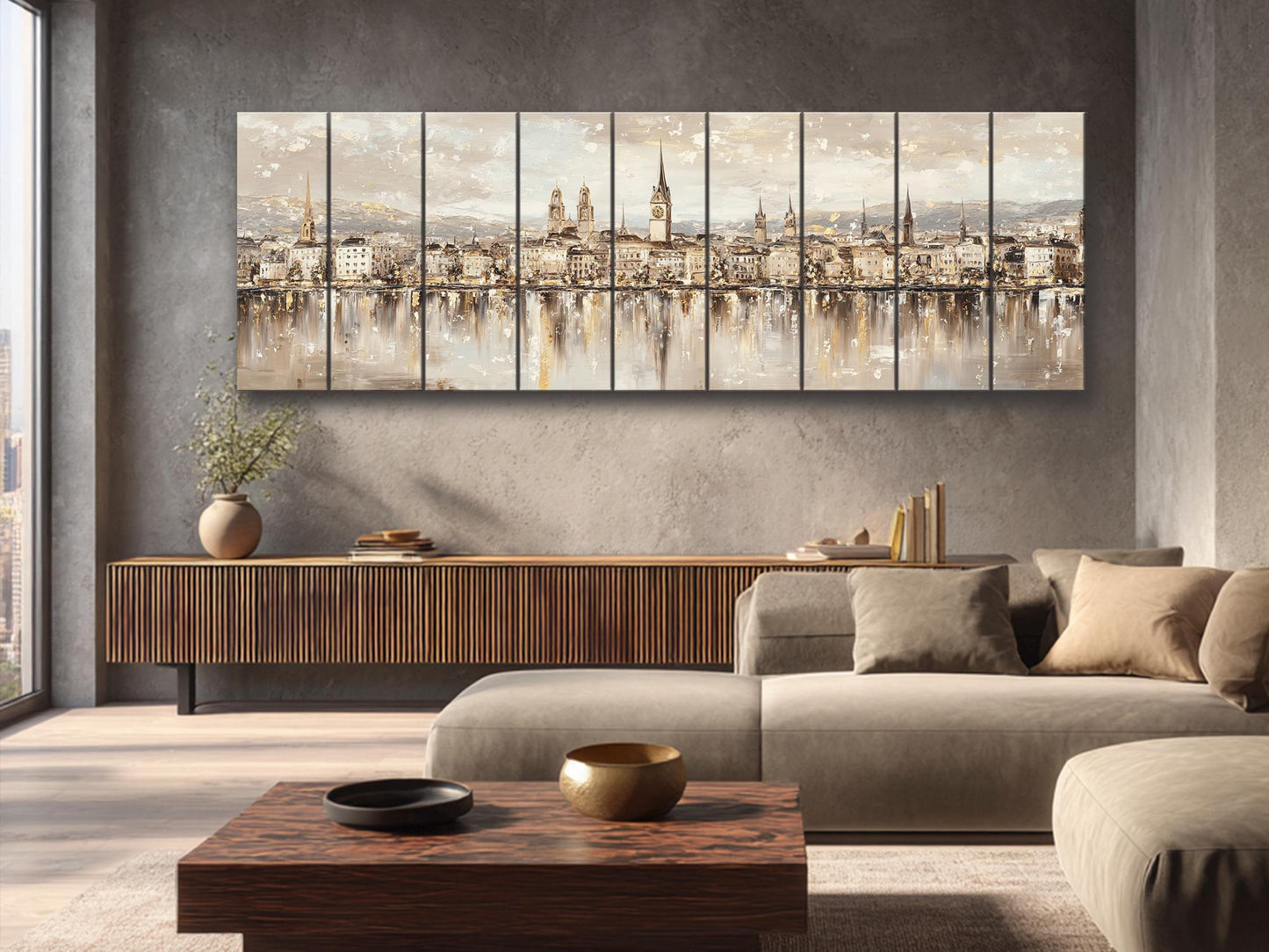 Zurich Skyline Wood Print – Rustic Wall Art with Lake Reflections Painting