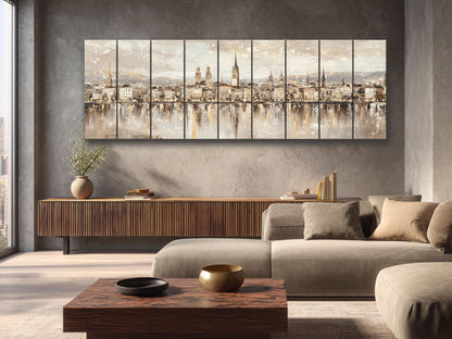 Zurich Skyline Wood Print – Rustic Wall Art with Lake Reflections Painting