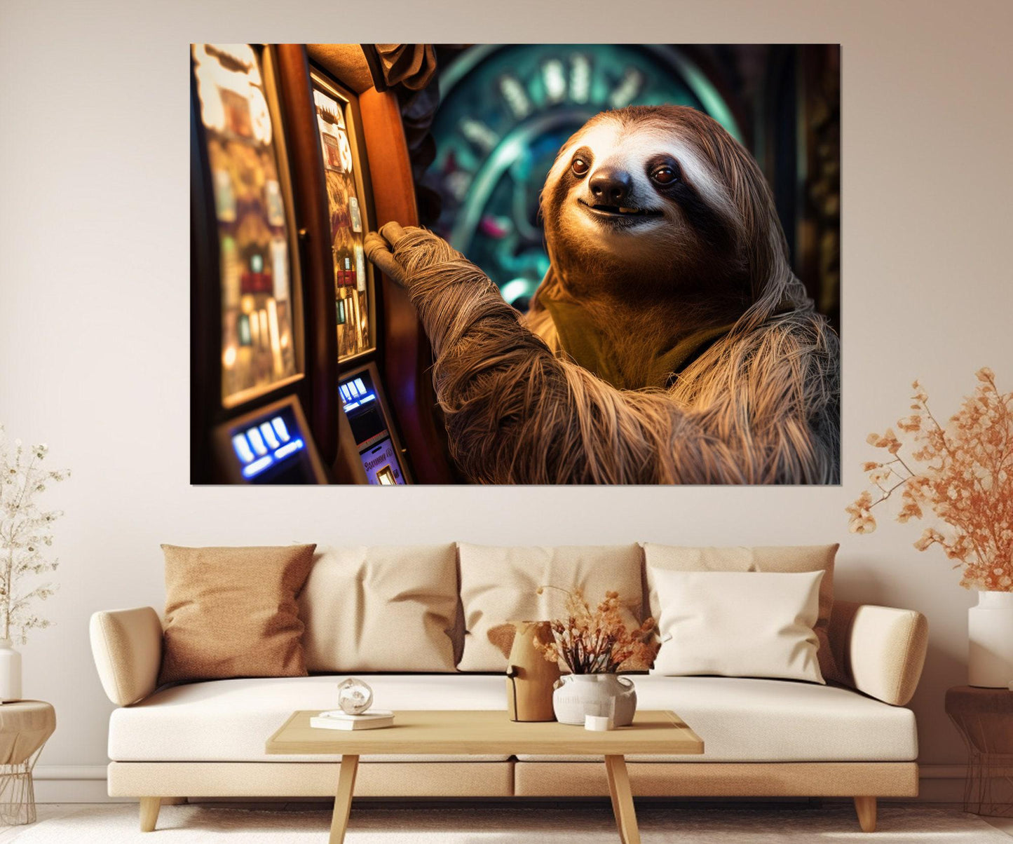 Sloth Canvas Print – Casino Wall Art | Slot Machines Decor | Framed Canvas Art Ready to Hang
