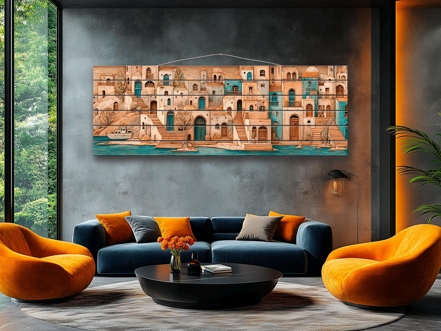 Mediterranean Wood Art - Rustic Coastal Wall Decor | Harbor Panorama Print