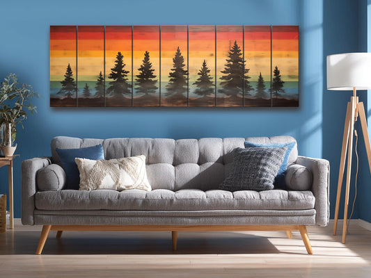 Wooden Forest Wall Art – Colorful Sunset Pine Tree Print on Natural Wood Planks