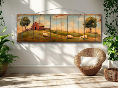 Rustic Wooden Wall Art - Sheep Grazing Print on Natural Wood for Cozy Cabin Decor