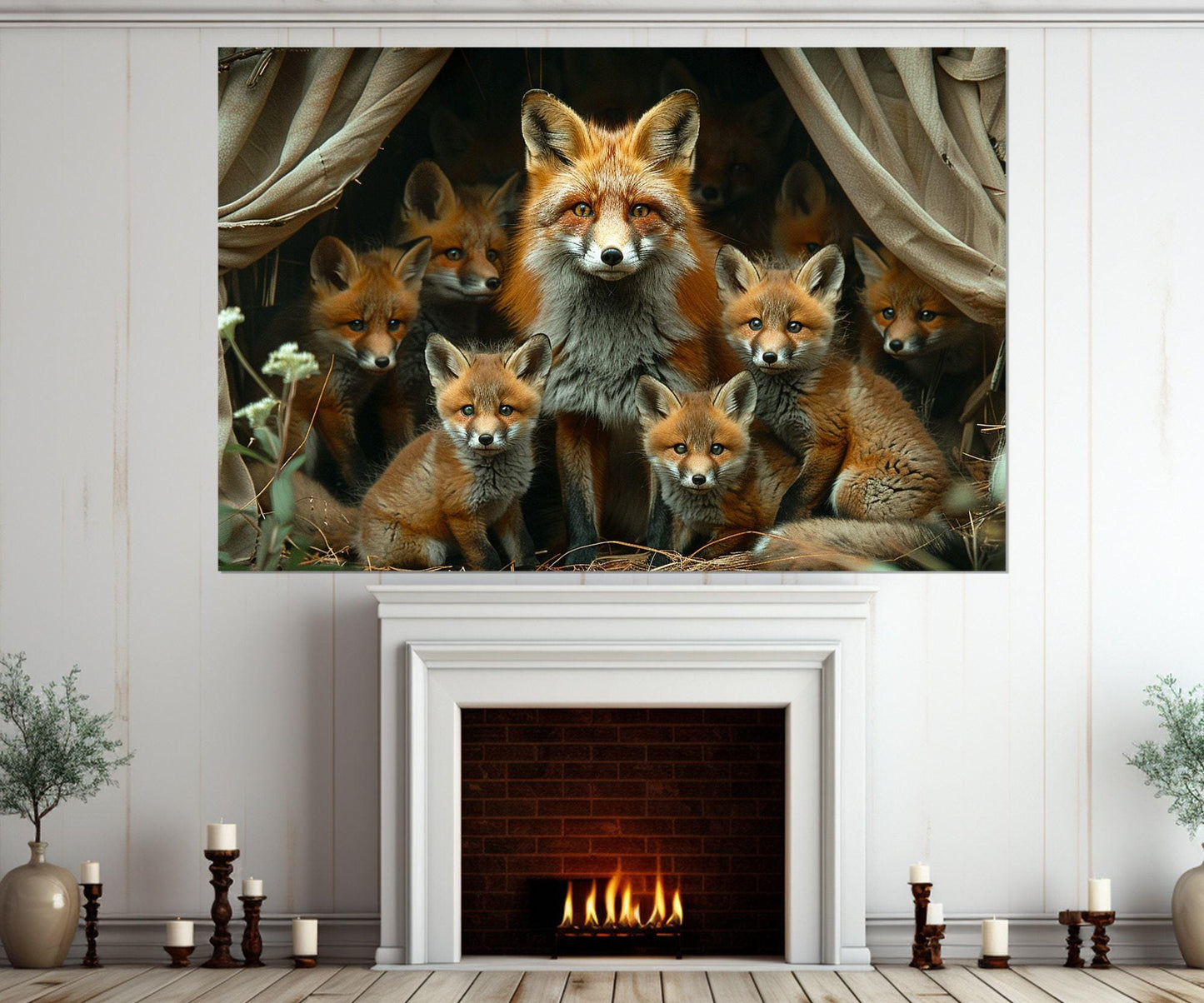 Fox Wall Art – Mother Fox Canvas Print with Cubs | Framed & Ready to Hang