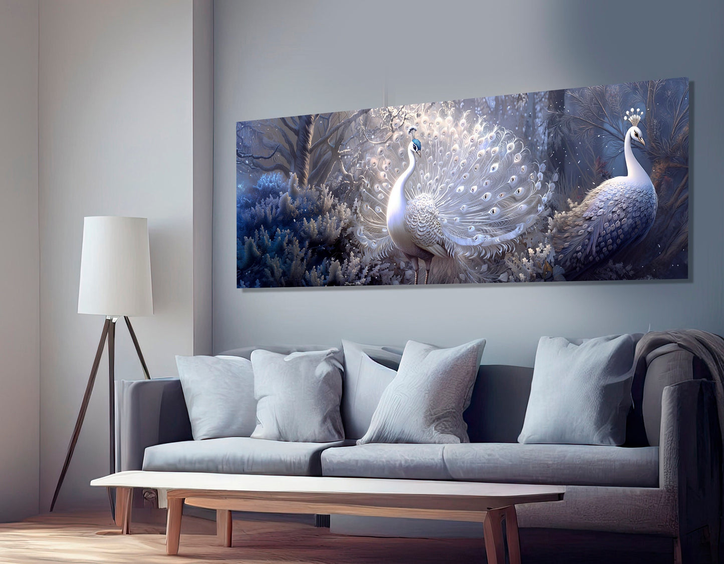 Peacocks Canvas Print – White Silver Fantasy Painting | Framed Gallery Wrapped Art