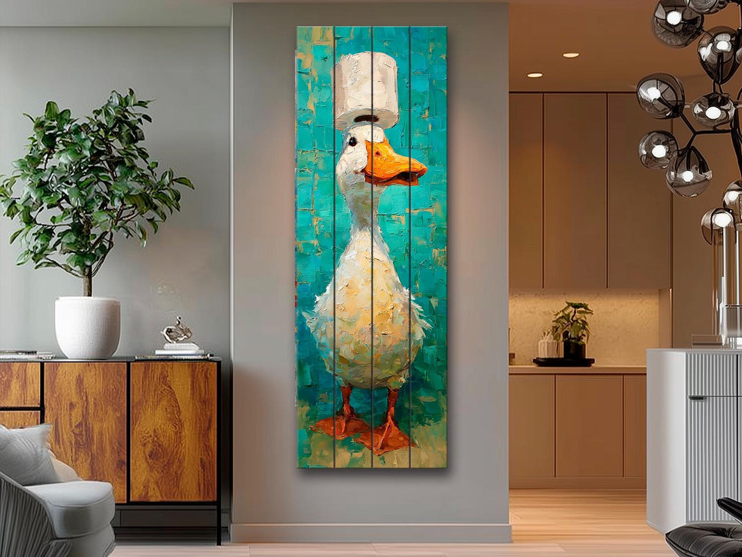 Cute Duck Print on Wood - Whimsical Bathroom Wall Art with Teal and Cream