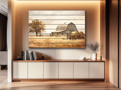 Rustic Wood Wall Art – Old Barn Painting on Natural Wood Plank Art with Vibrant UV Printing