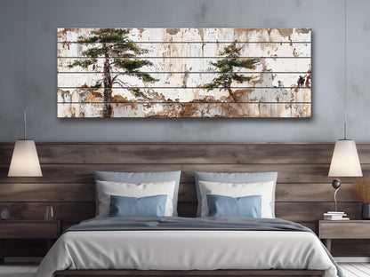 Wabi Sabi Wood Art – Rustic Wall Art with Pine Trees on Textured Wood Panel