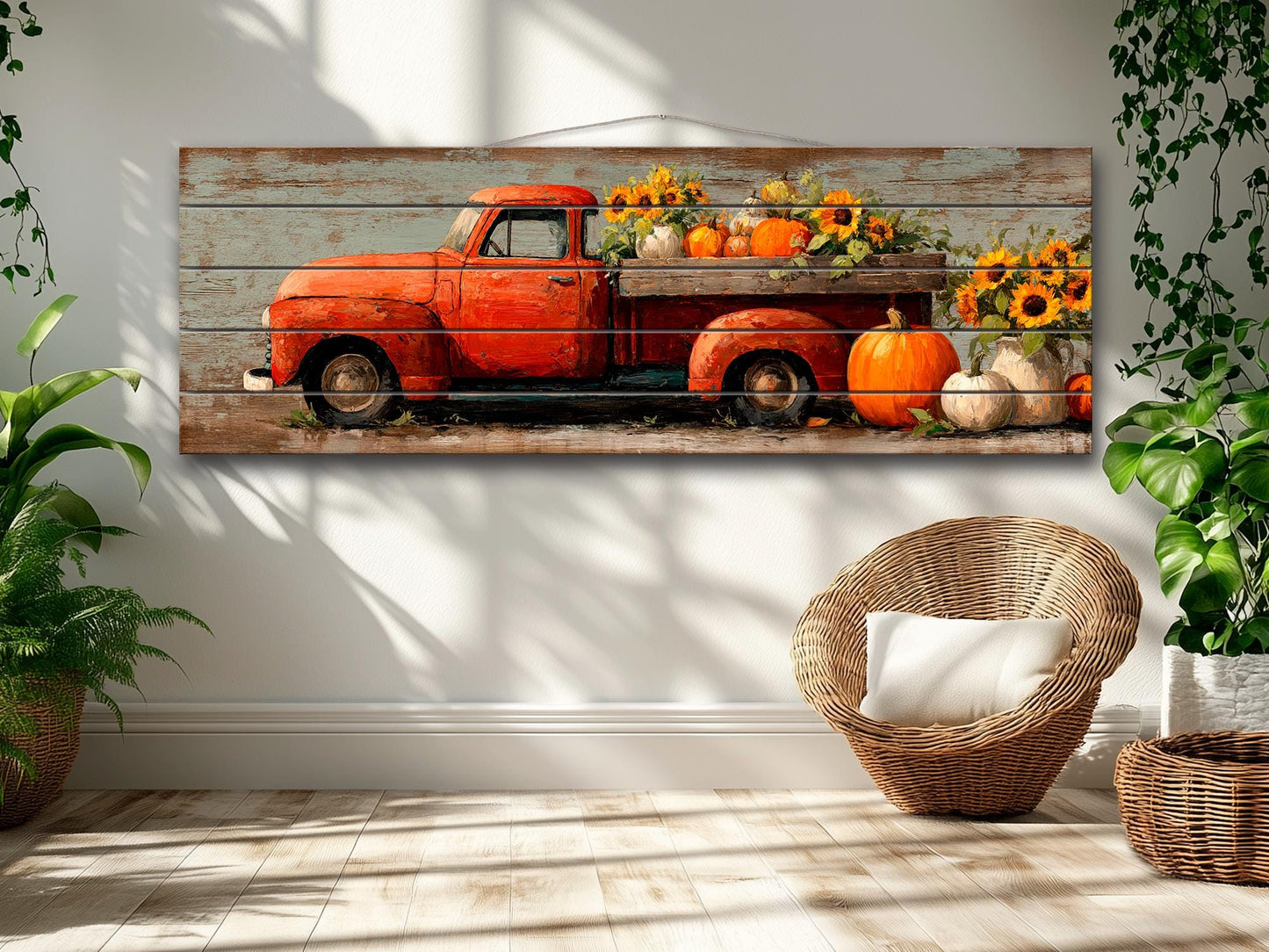 Rustic Wood Wall Art - Vintage Pickup Truck Print on Wood Plank with Pumpkins & Sunflowers