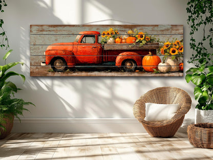 Rustic Wood Wall Art - Vintage Pickup Truck Print on Wood Plank with Pumpkins & Sunflowers
