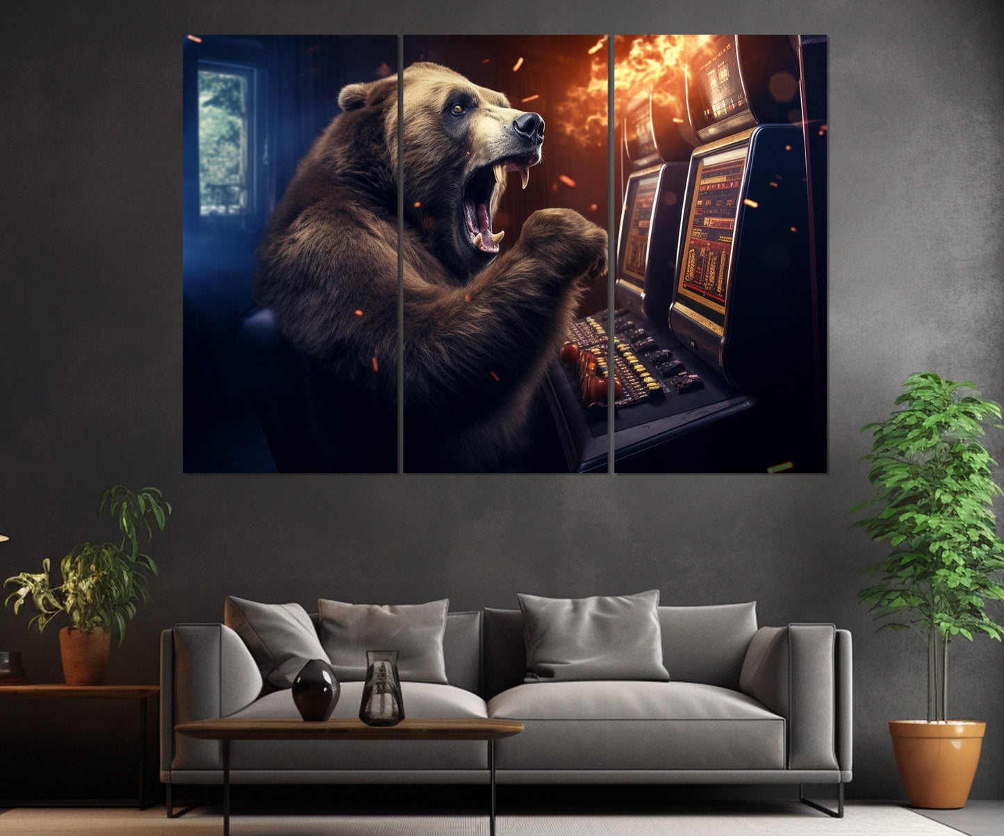 Casino Wall Art – Funny Bear Playing Slot Machines Framed Canvas Print