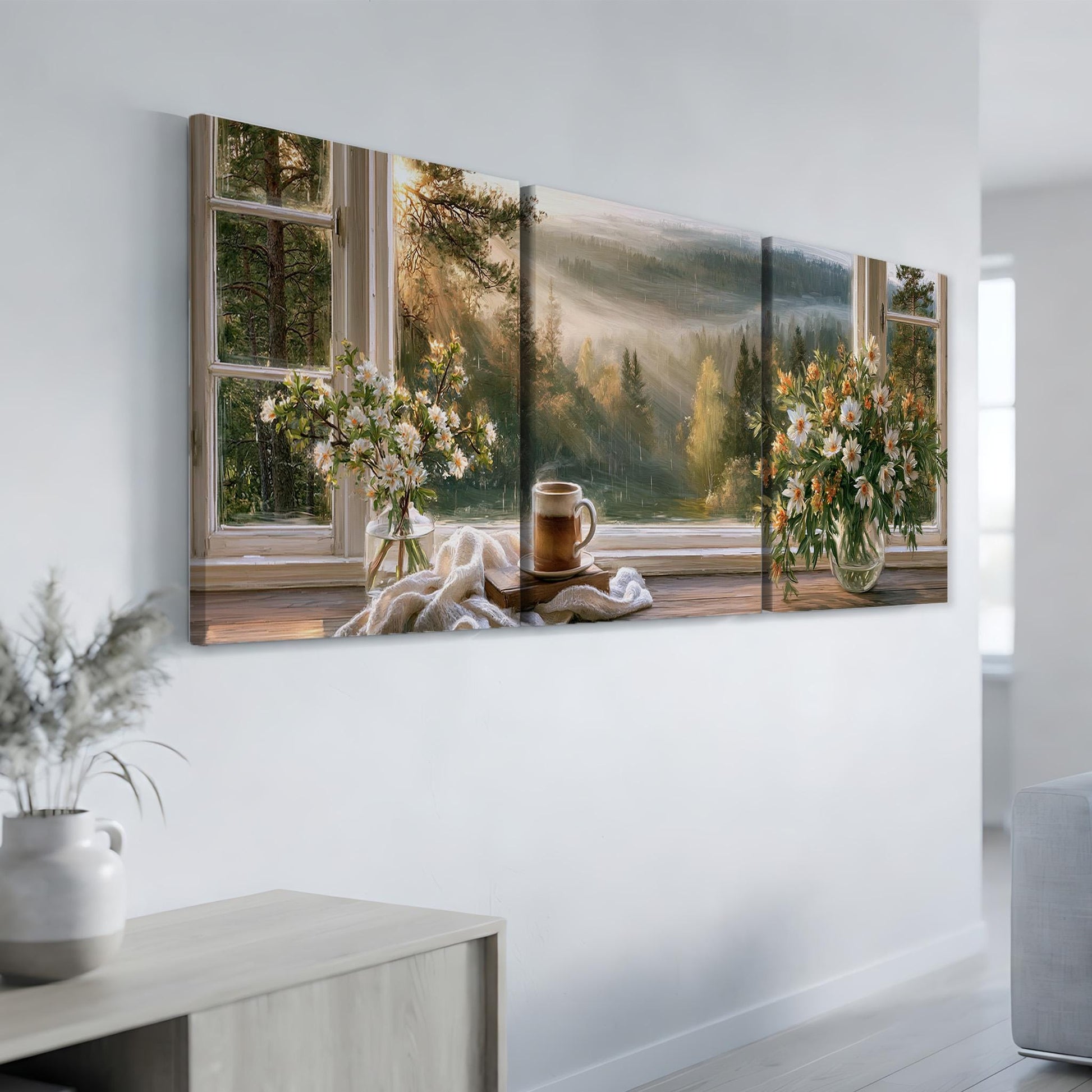 The image is a triptych of a serene indoor scene, featuring a vase of flowers, a cup of coffee, and a blanket on a windowsill, all set against a backdrop of a scenic mountain landscape.