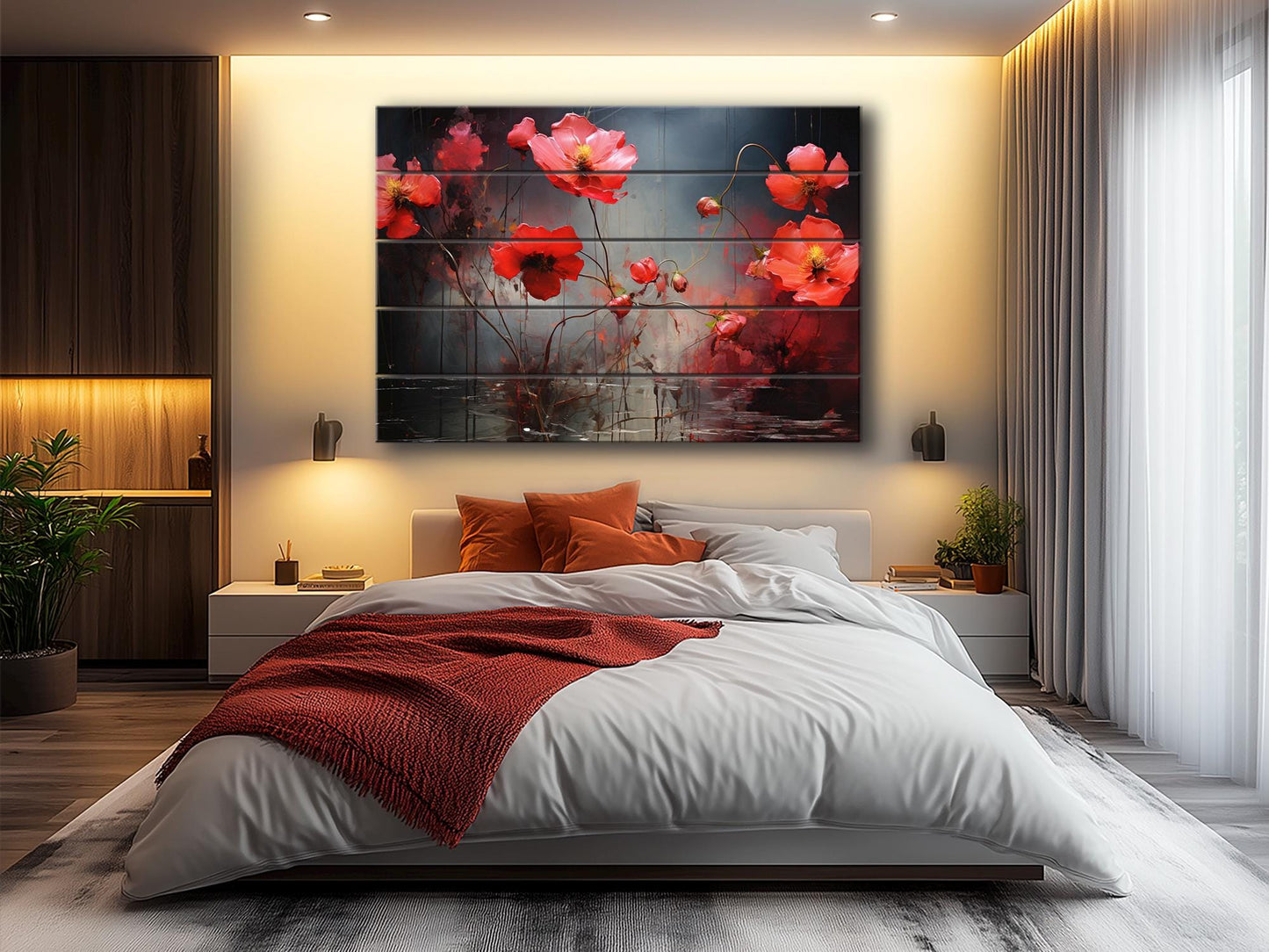 Wood Wall Art – Abstract Floral on Natural Linden Planks | Rustic Farmhouse Style