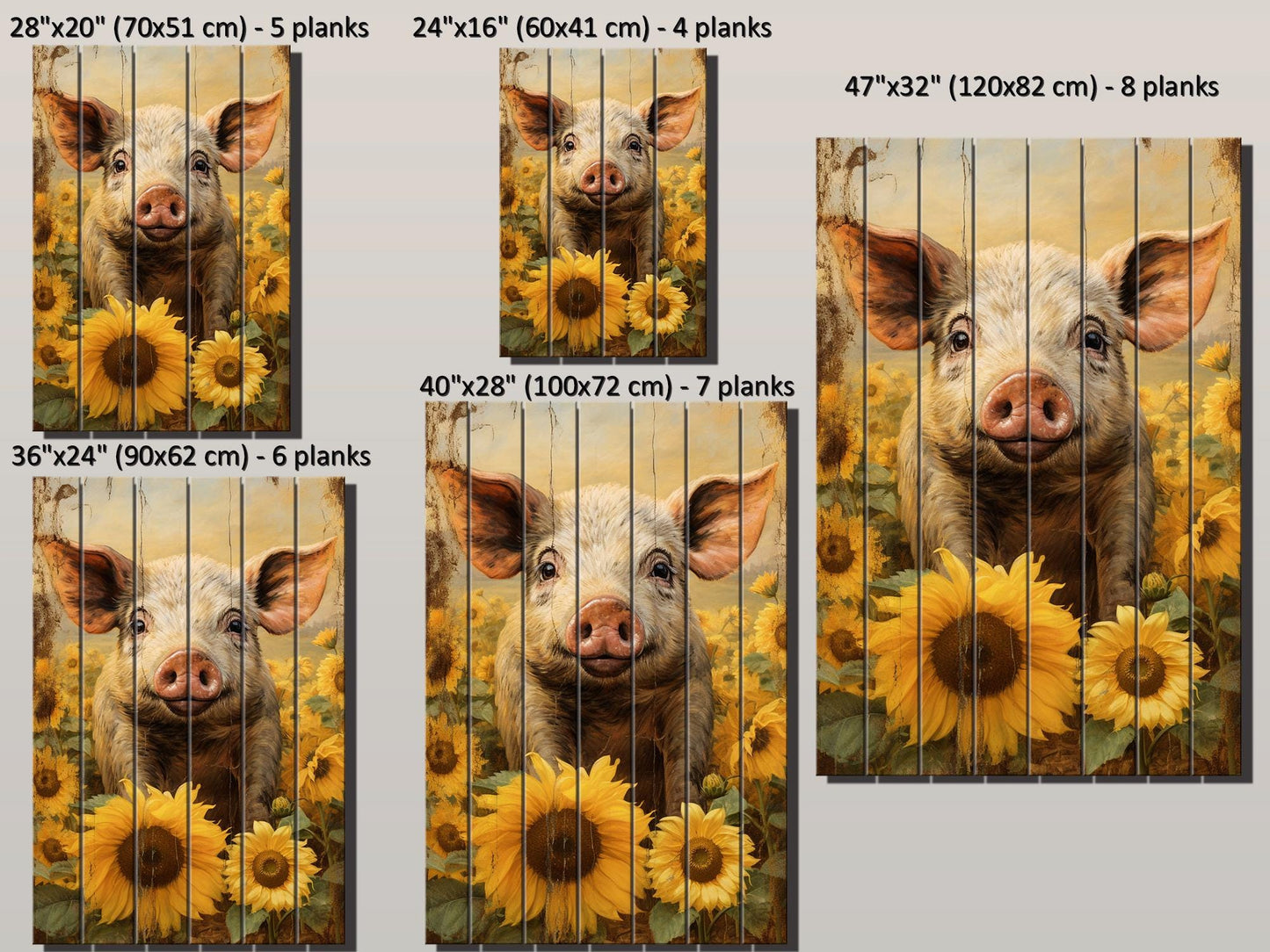 Rustic Wooden Wall Art – Pig In Sunflower Field Wood Plank Print With Fade Resistant Colors