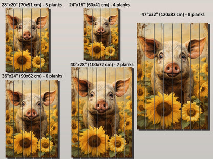 Rustic Wooden Wall Art – Pig In Sunflower Field Wood Plank Print With Fade Resistant Colors