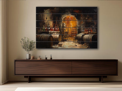 Wood Wall Art - Rustic Wine Cellar Painting on Natural Wood Plank Art