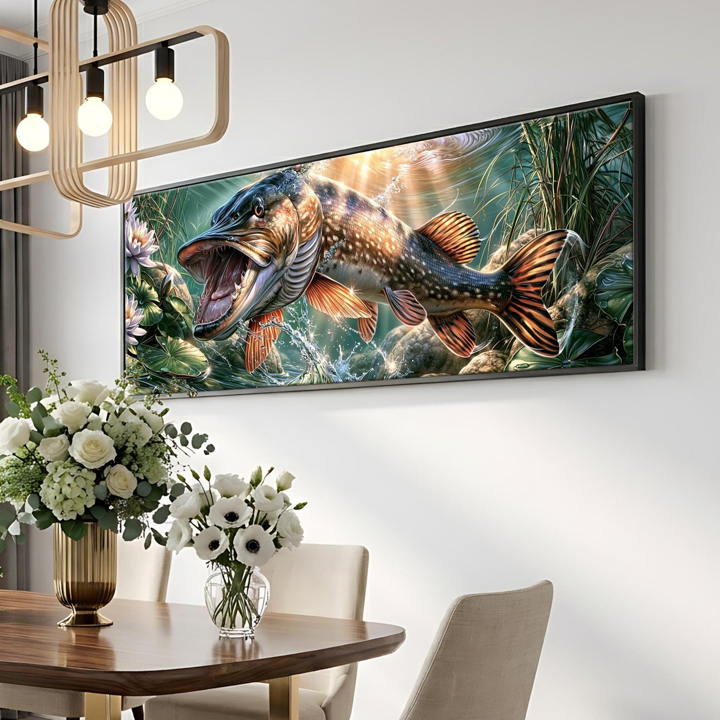 a large painting of a fish with a vibrant, colorful background, hanging on a wall above a dining table with a vase of flowers.