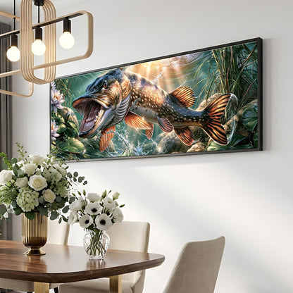a large painting of a fish with a vibrant, colorful background, hanging on a wall above a dining table with a vase of flowers.