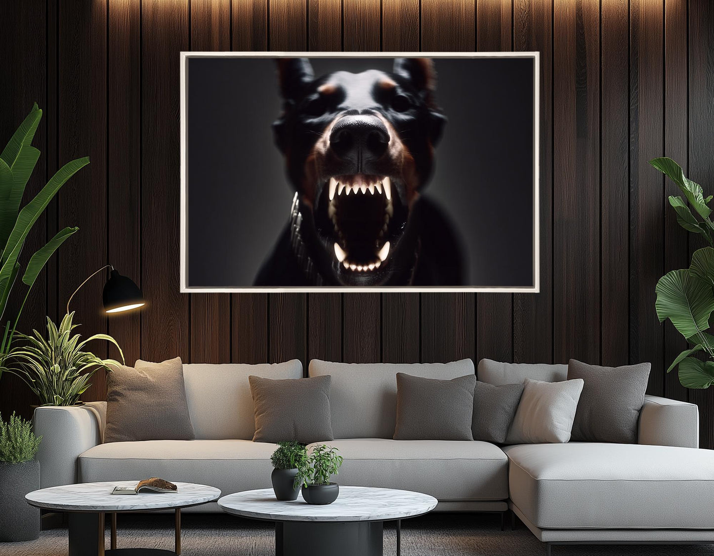 Doberman Canvas Art – Aggressive Barking Portrait | Framed Ready to Hang