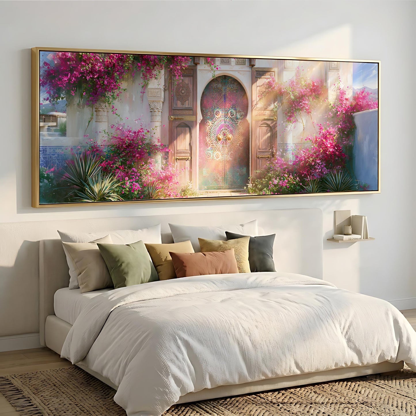 a large, ornate, and colorful painting of a gate or doorway, surrounded by a lush garden with pink flowers, hanging above a bed with white linens and pillows.