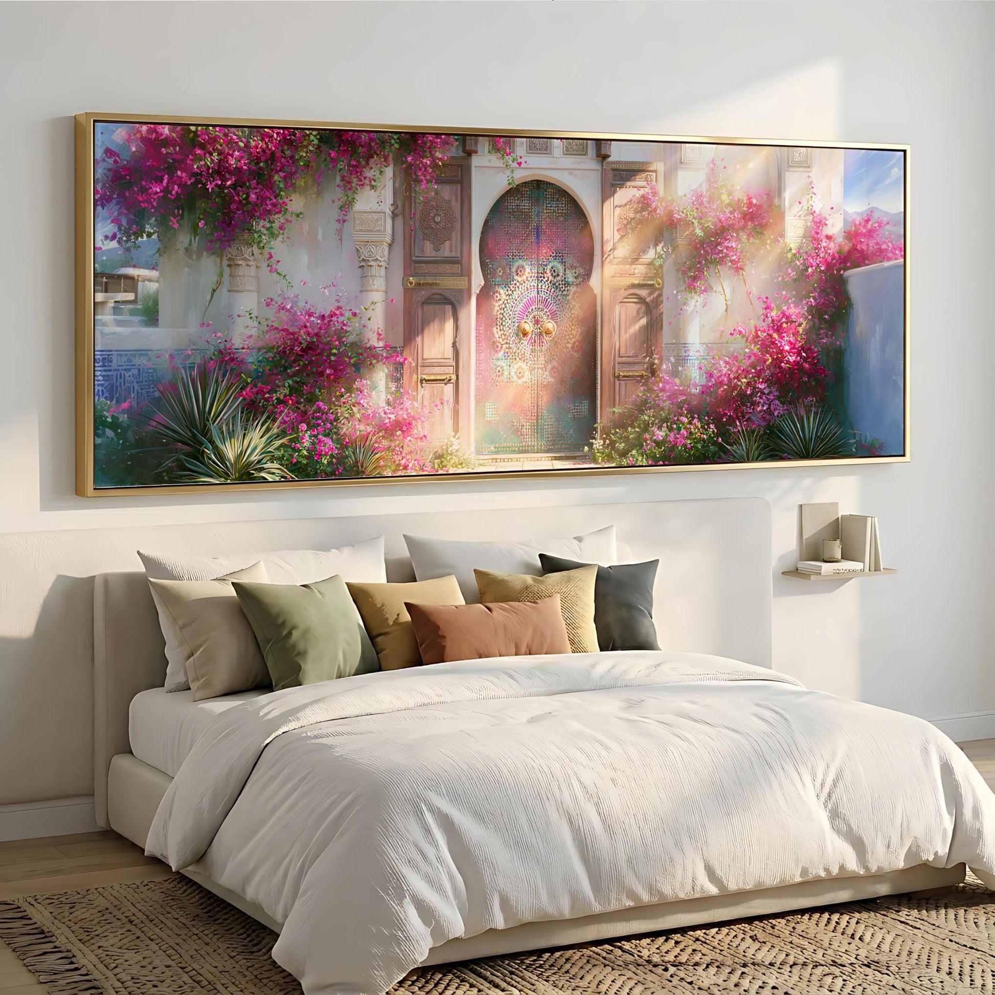 a large, ornate, and colorful painting of a gate or doorway, surrounded by a lush garden with pink flowers, hanging above a bed with white linens and pillows.