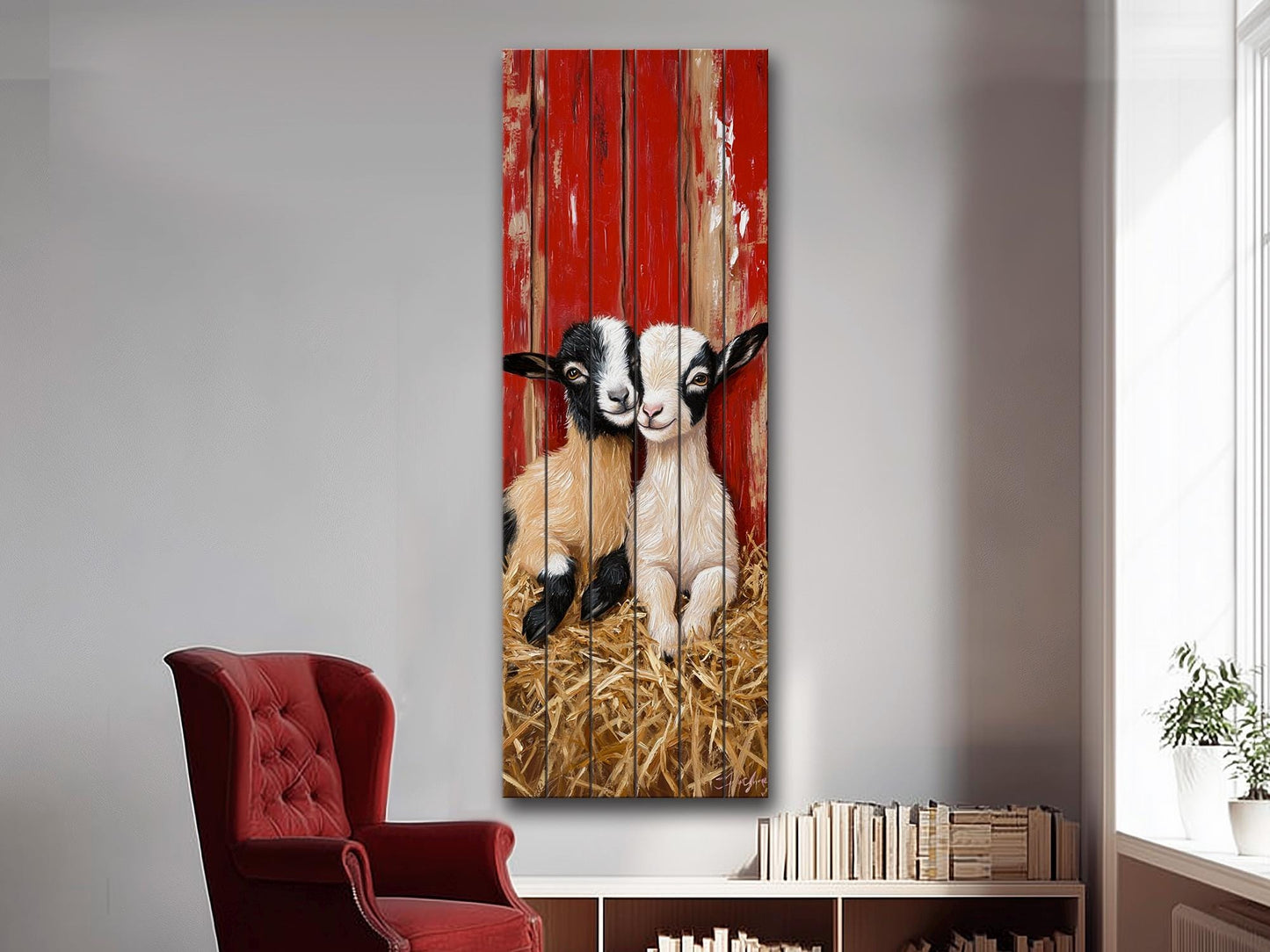 Rustic Wood Wall Art – Two Baby Goats Resting in Straw Next to Red Barn Wall, Farm Animal Print on Natural Linden Wood, Farmhouse Decor