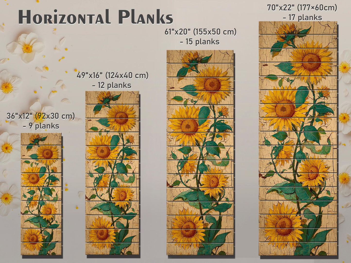 Sunflowers Wood Art – Rustic Wall Decor | Vibrant Floral Print on Natural Wood Planks