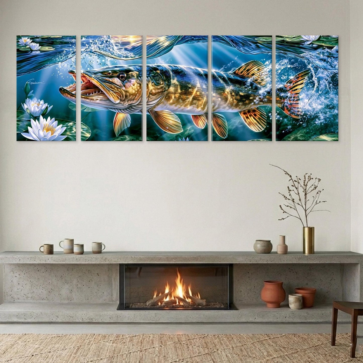 a large, vibrant painting of a fish swimming in a body of water, with a fireplace and decorative items below it.