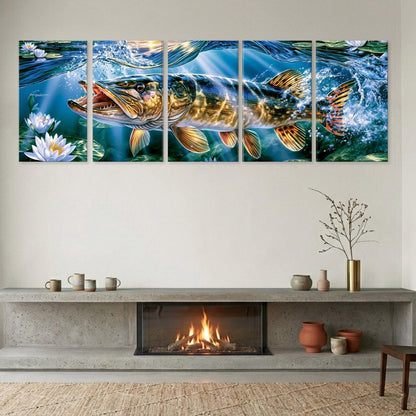 a large, vibrant painting of a fish swimming in a body of water, with a fireplace and decorative items below it.