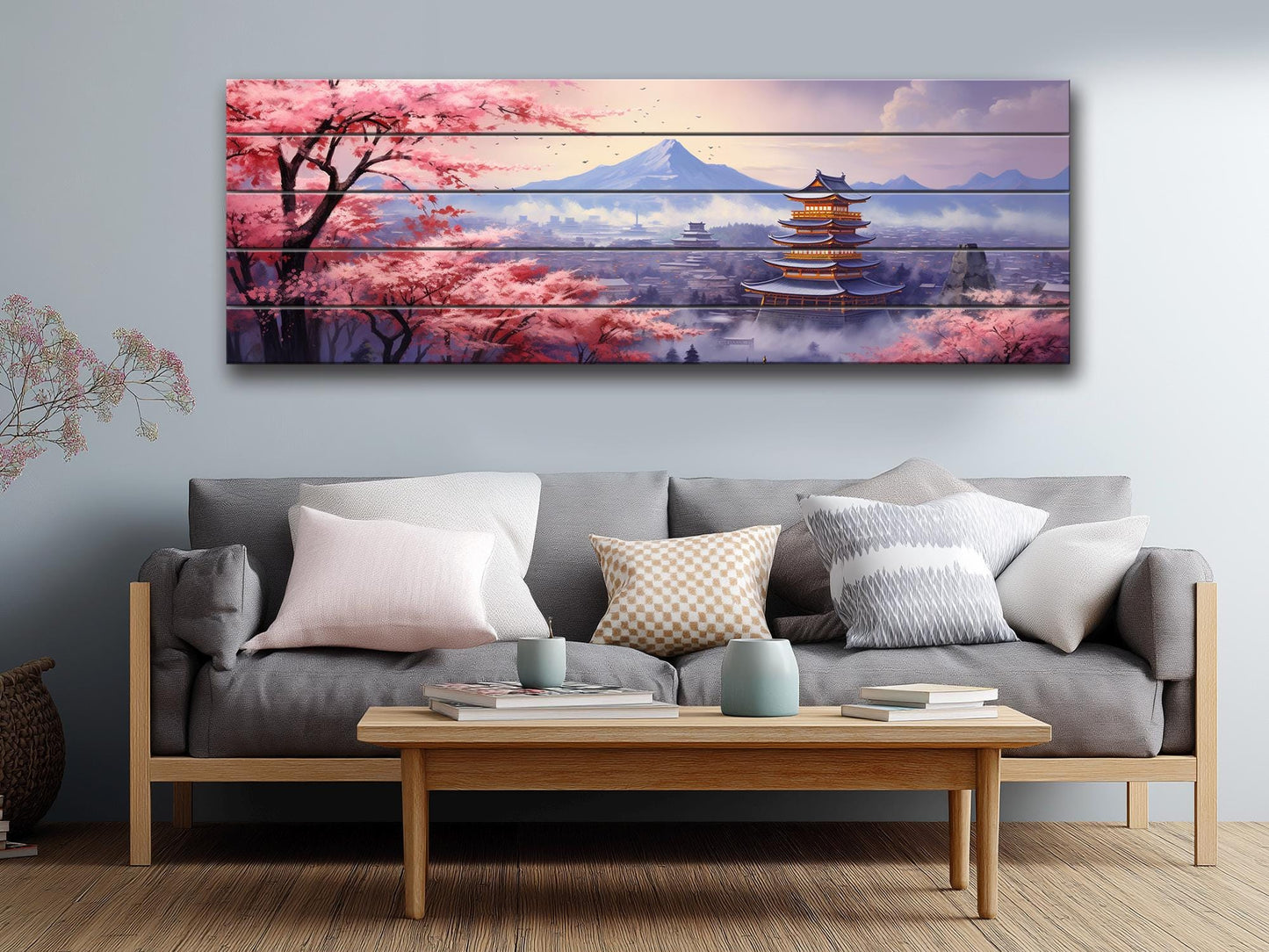 Sakura Blossom Wall Art – Japanese Wood Art Print on Natural Wood Planks