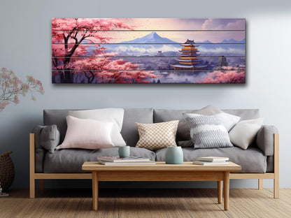 Sakura Blossom Wall Art – Japanese Wood Art Print on Natural Wood Planks