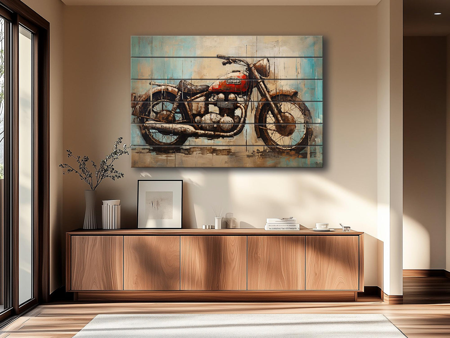 Abstract Rustic Painting of Vintage Motorbike Printed on Natural Wood
