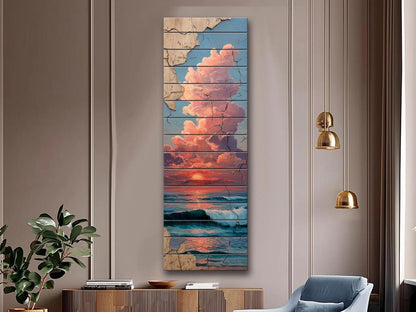Wood Wall Art - Sunset Over Sea Printed on Wood – Coastal Horizon Wall Art – Rustic Beach Decor