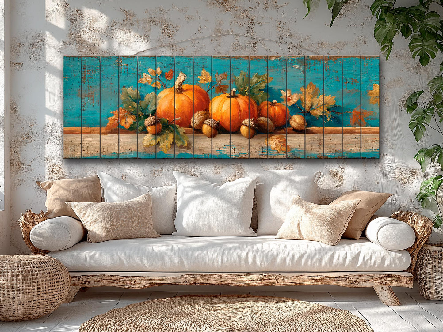 Wood Wall Art - Rustic Scene with Pumpkins, Leaves, and Acorns Print on Natural Wood, Farmhouse Wall Decor, Cozy Cabin Wall Art, Farm Decor