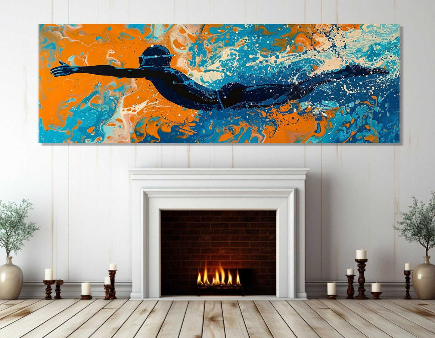 Abstract Swimmer Painting - Framed Canvas Print | Pop Art Swimming Wall Art Decor
