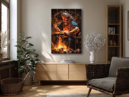 Hephaestus Wood Print – Rustic Blacksmith Wall Decor | Natural Wood Art Panel