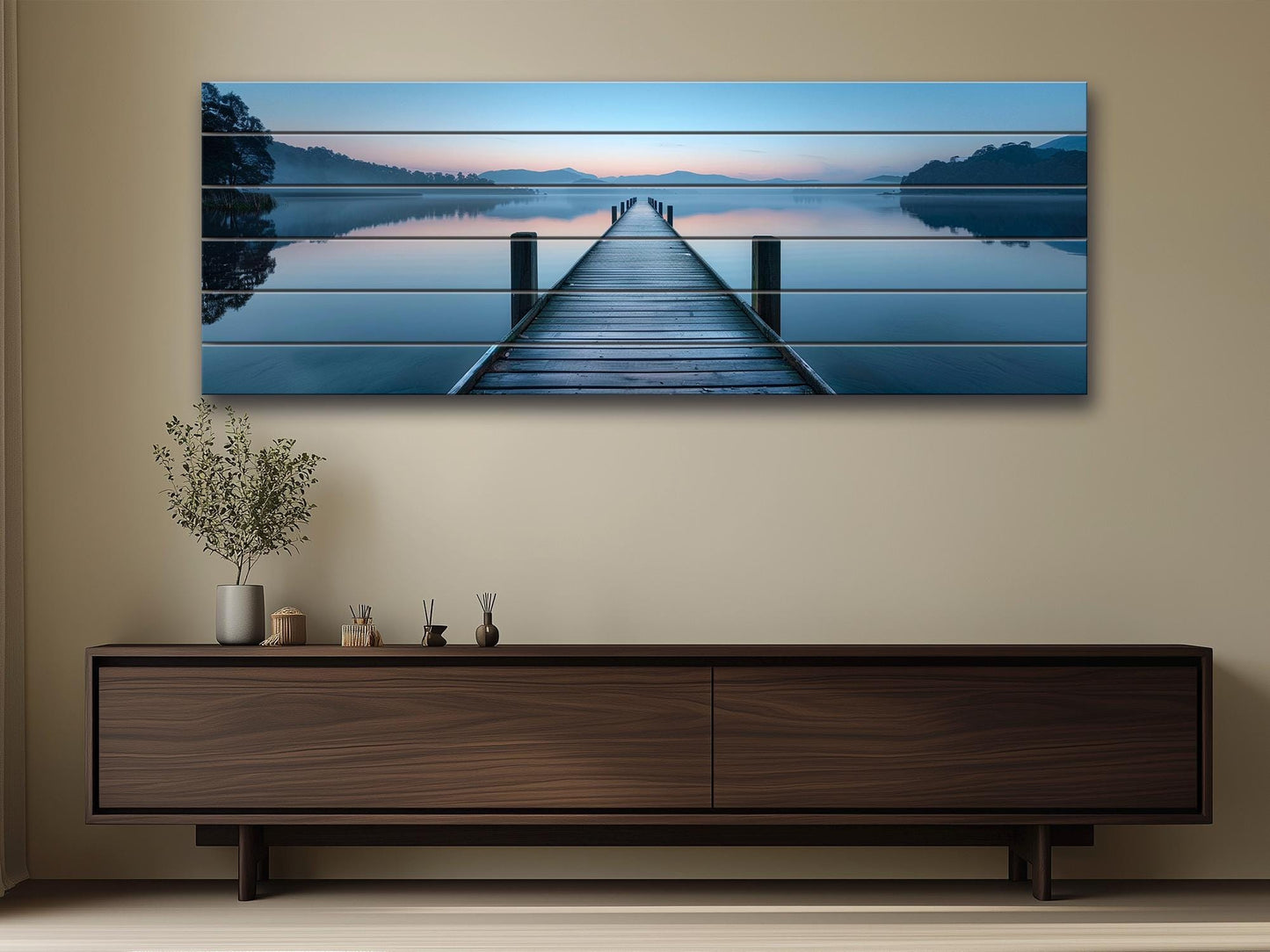 Wooden Dock Print – Rustic Lake Art on Natural Linden Wood Planks | UV Printed Wood