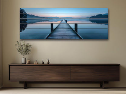 Wooden Dock Print – Rustic Lake Art on Natural Linden Wood Planks | UV Printed Wood