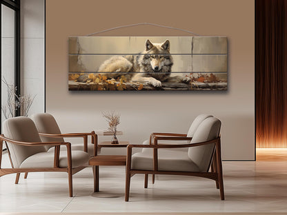 Wolf Wood Wall Art – Rustic Wildlife Decor | Autumn Forest Print on Natural Wood
